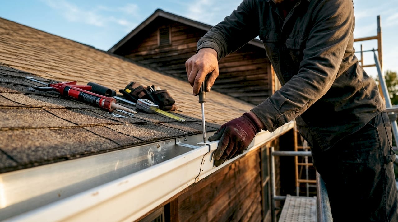 Hands connecting traditional sectional gutter pieces