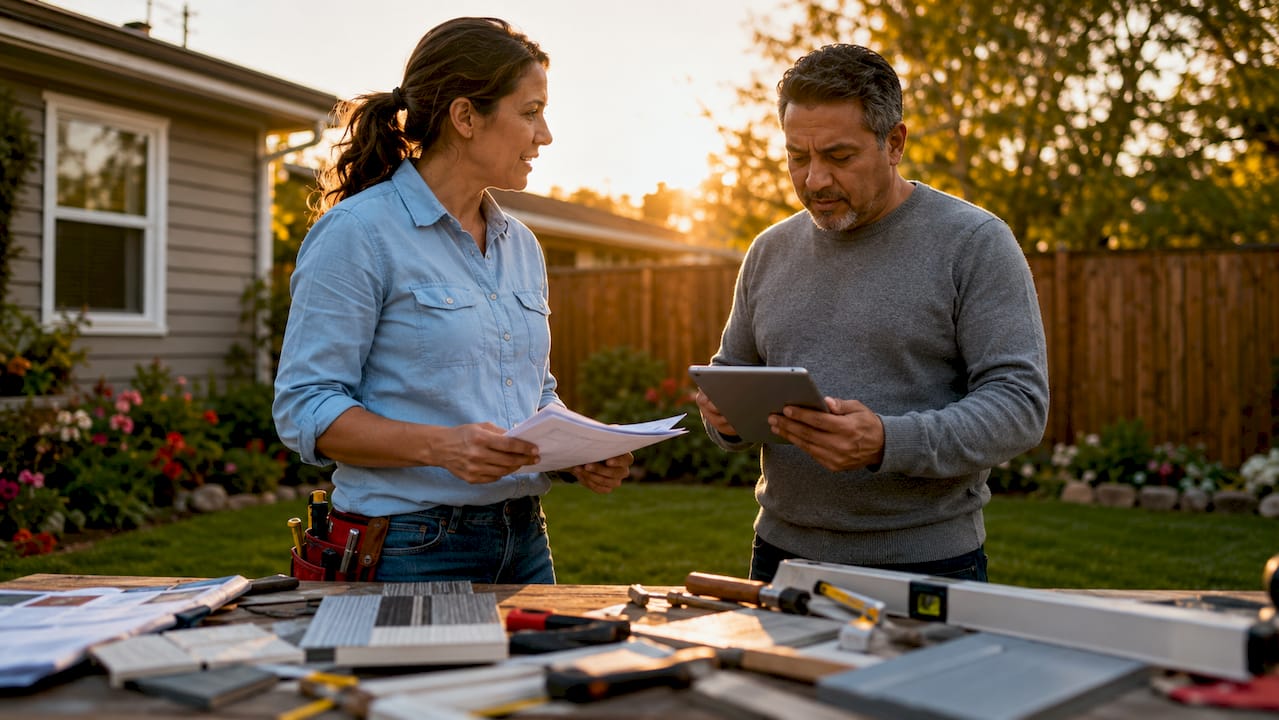 Contractor and homeowner discussing license outside home