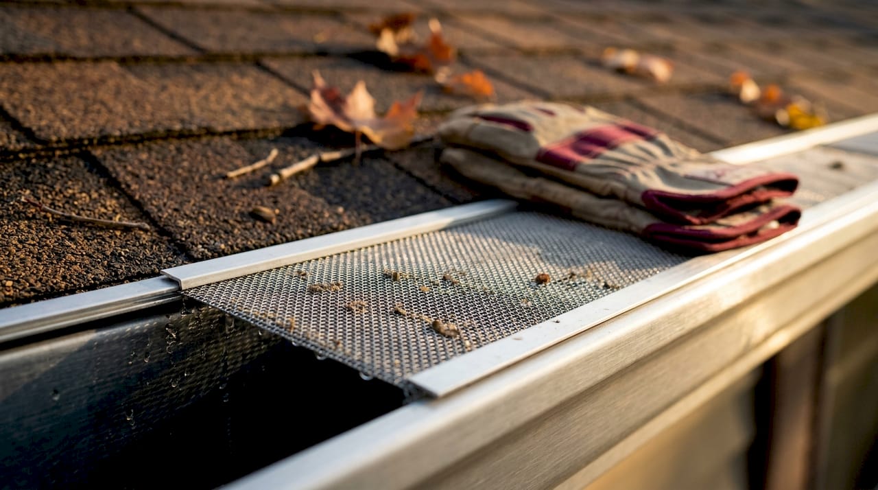 Close-up of micromesh gutter guard over clean gutter