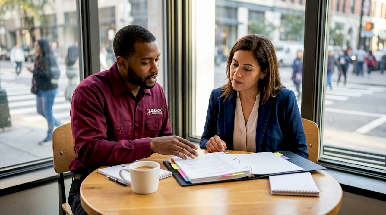 Contractor and homeowner discussing contract clauses