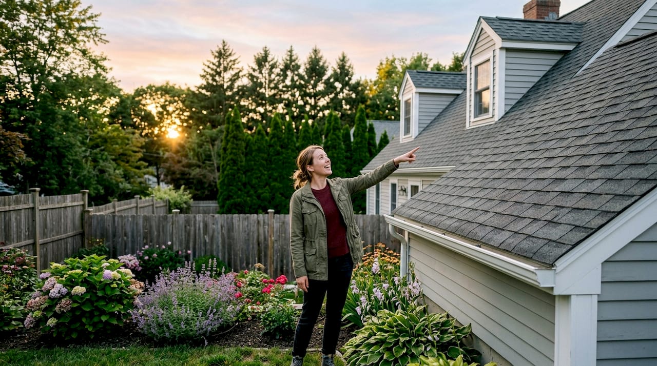 Homeowner examining architectural asphalt shingle roof