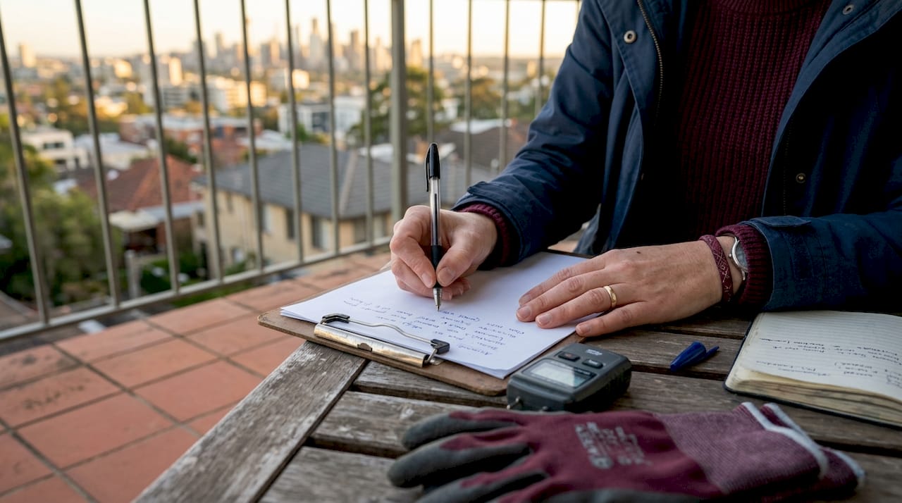 Hands writing roof maintenance inspection notes on clipboard