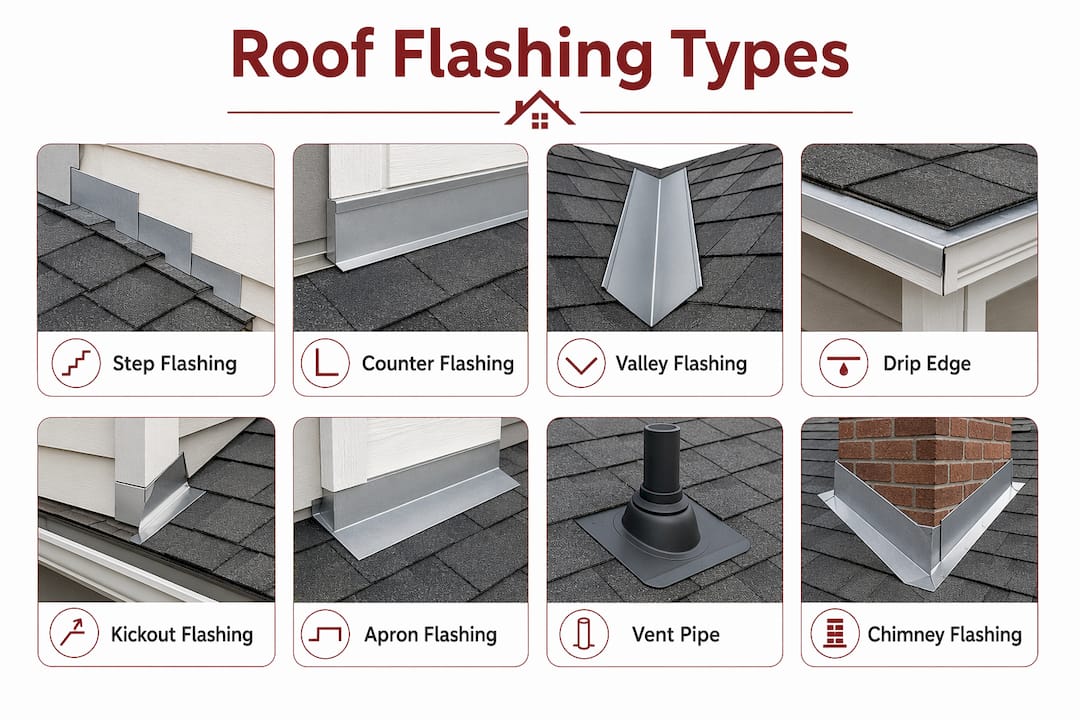 Infographic showing types of roof flashing with labeled steps
