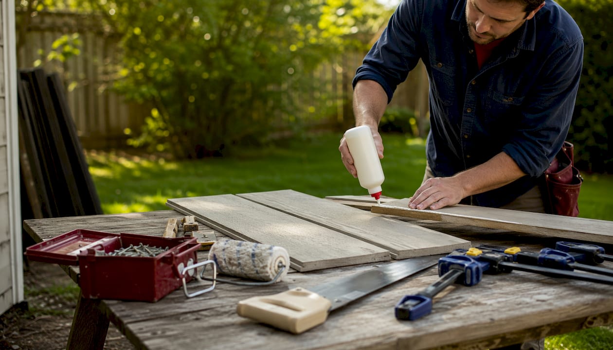 Hands measuring wooden siding panels with tools
