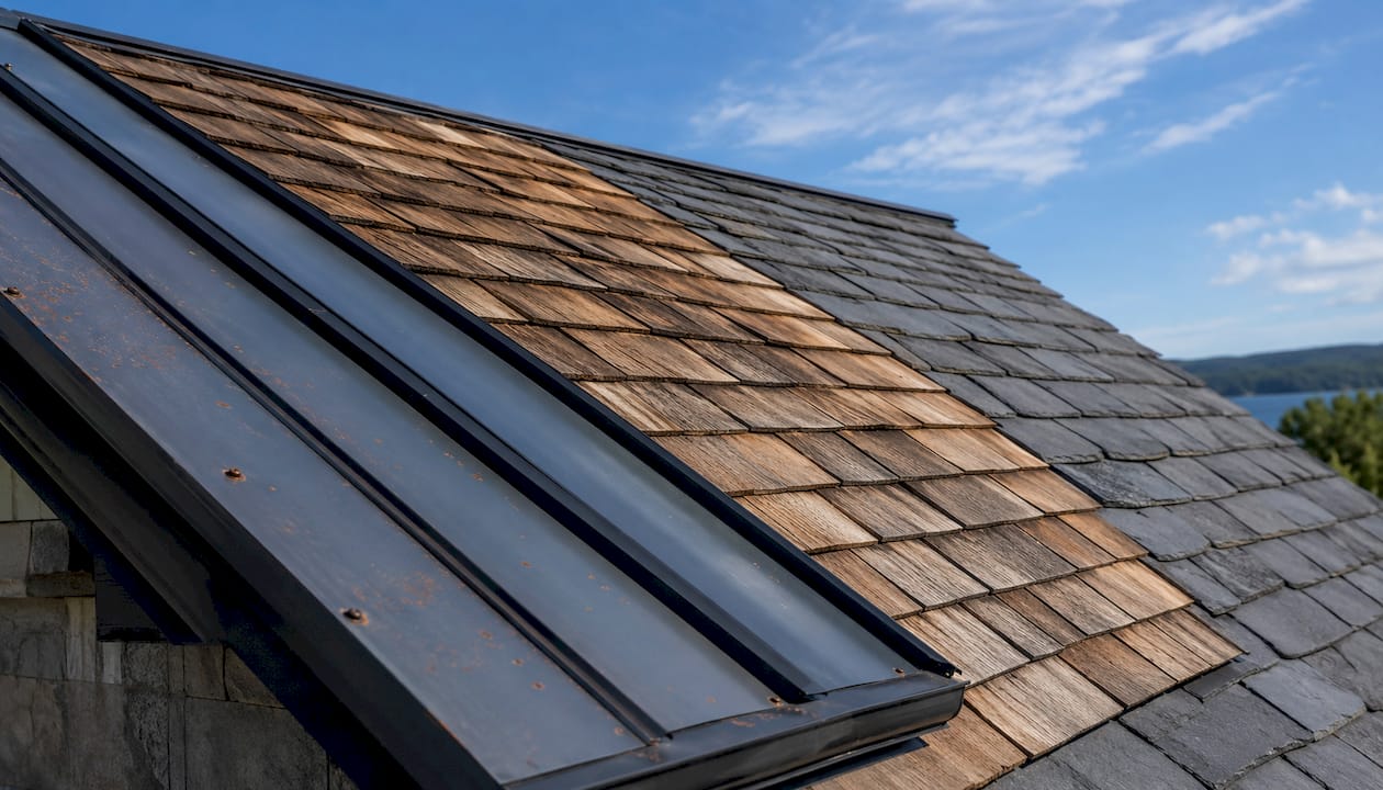 Close-up of mixed shingle materials on roof