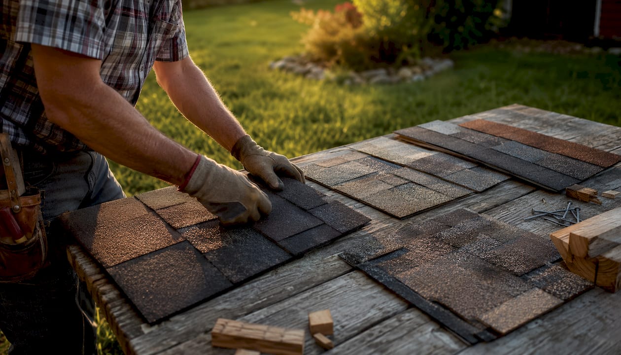 Contractor sorting asphalt shingle samples