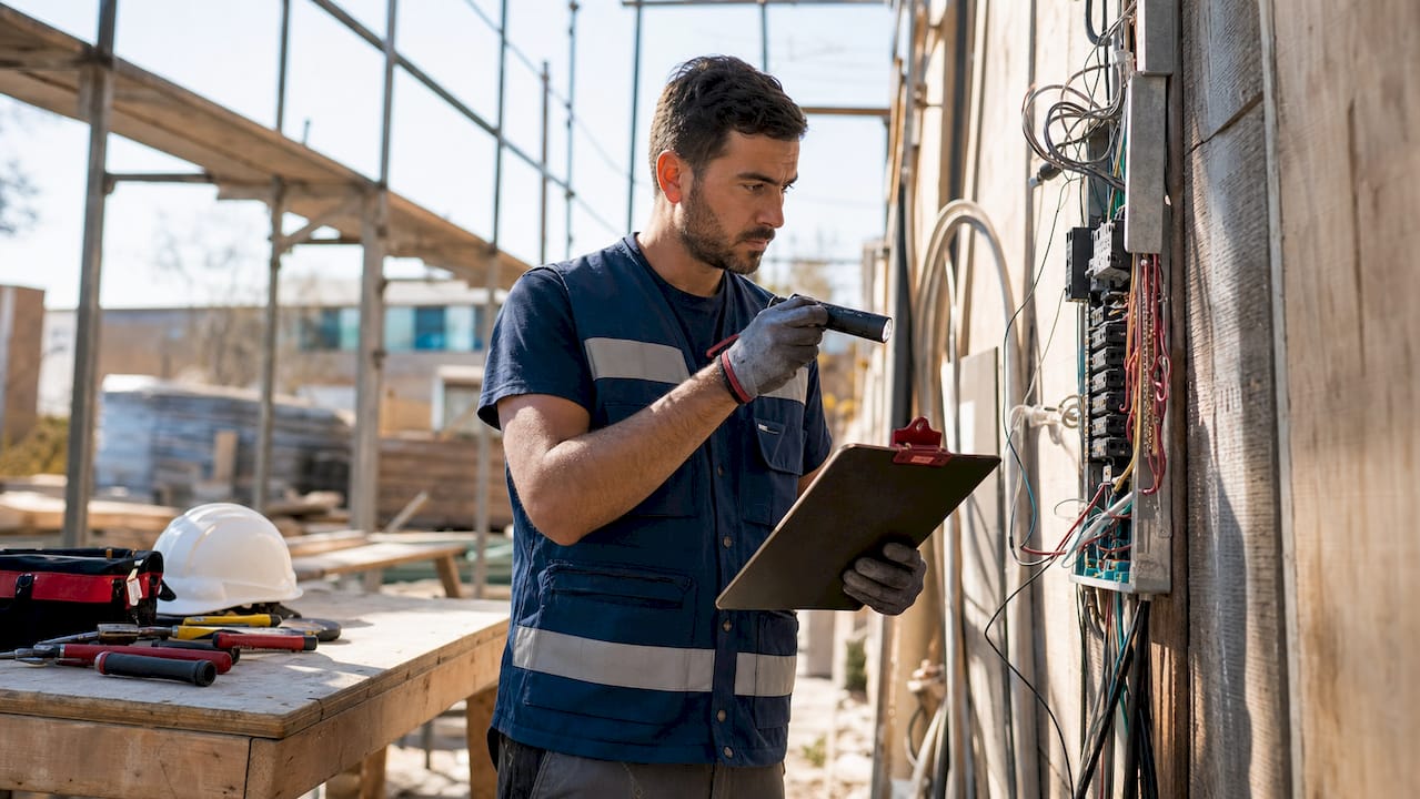 Electrician inspecting commercial permit wiring