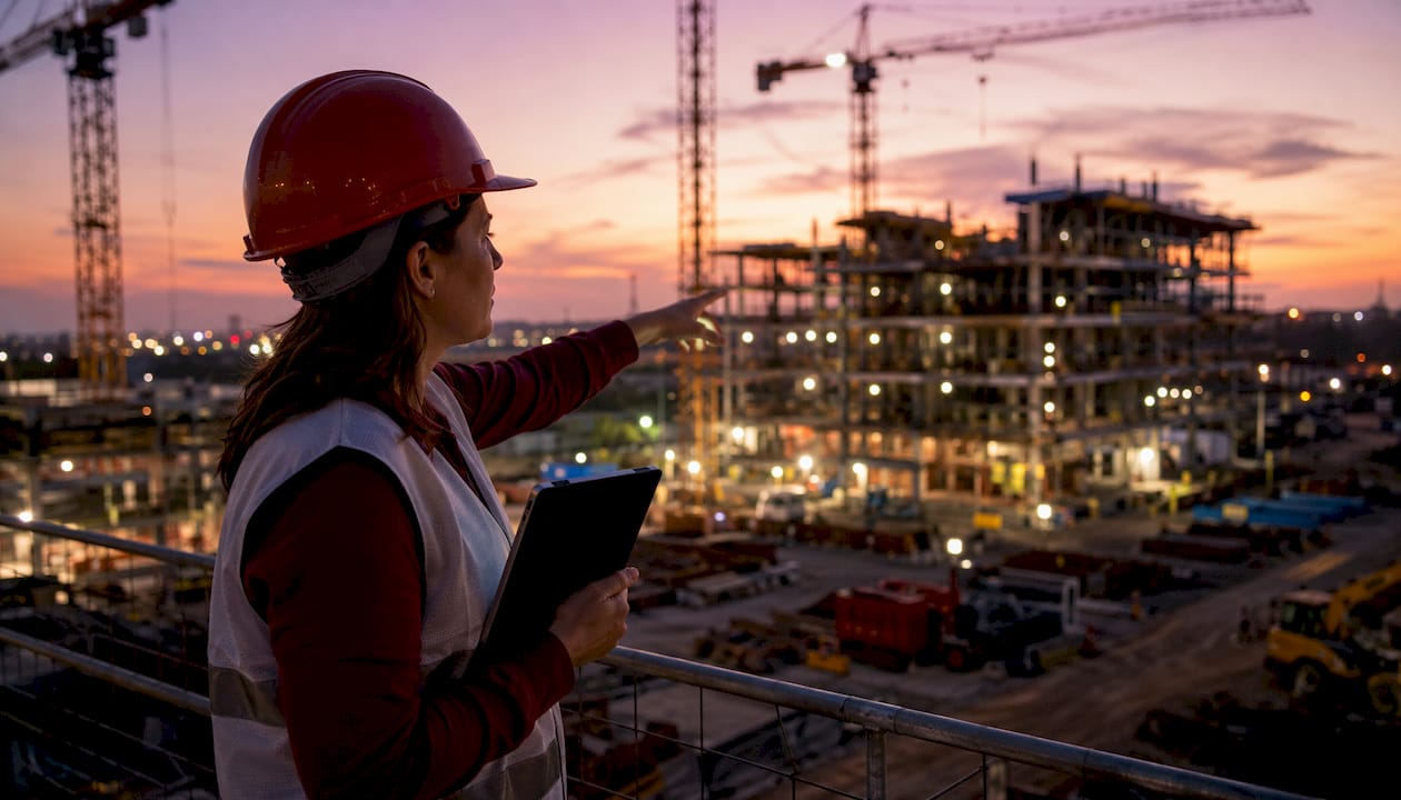 Female inspector pointing at commercial construction site