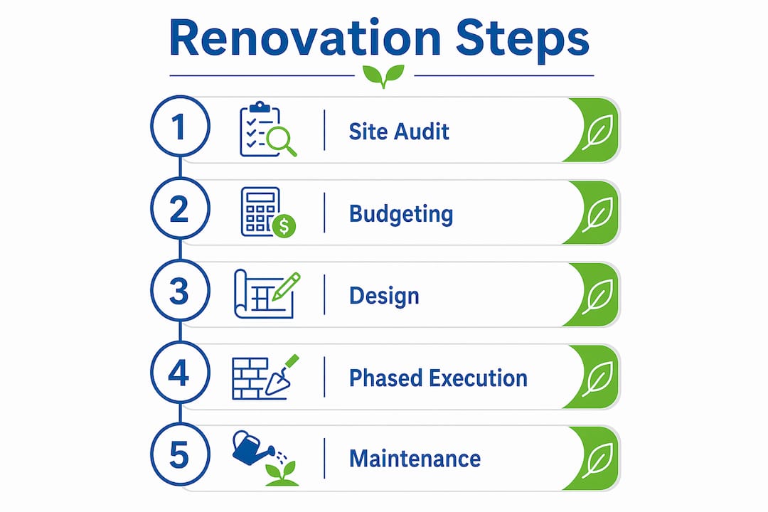 Infographic showing key steps for commercial landscape renovation