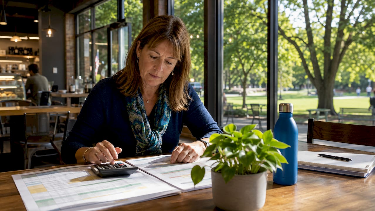 Businesswoman calculating landscape project budget indoors