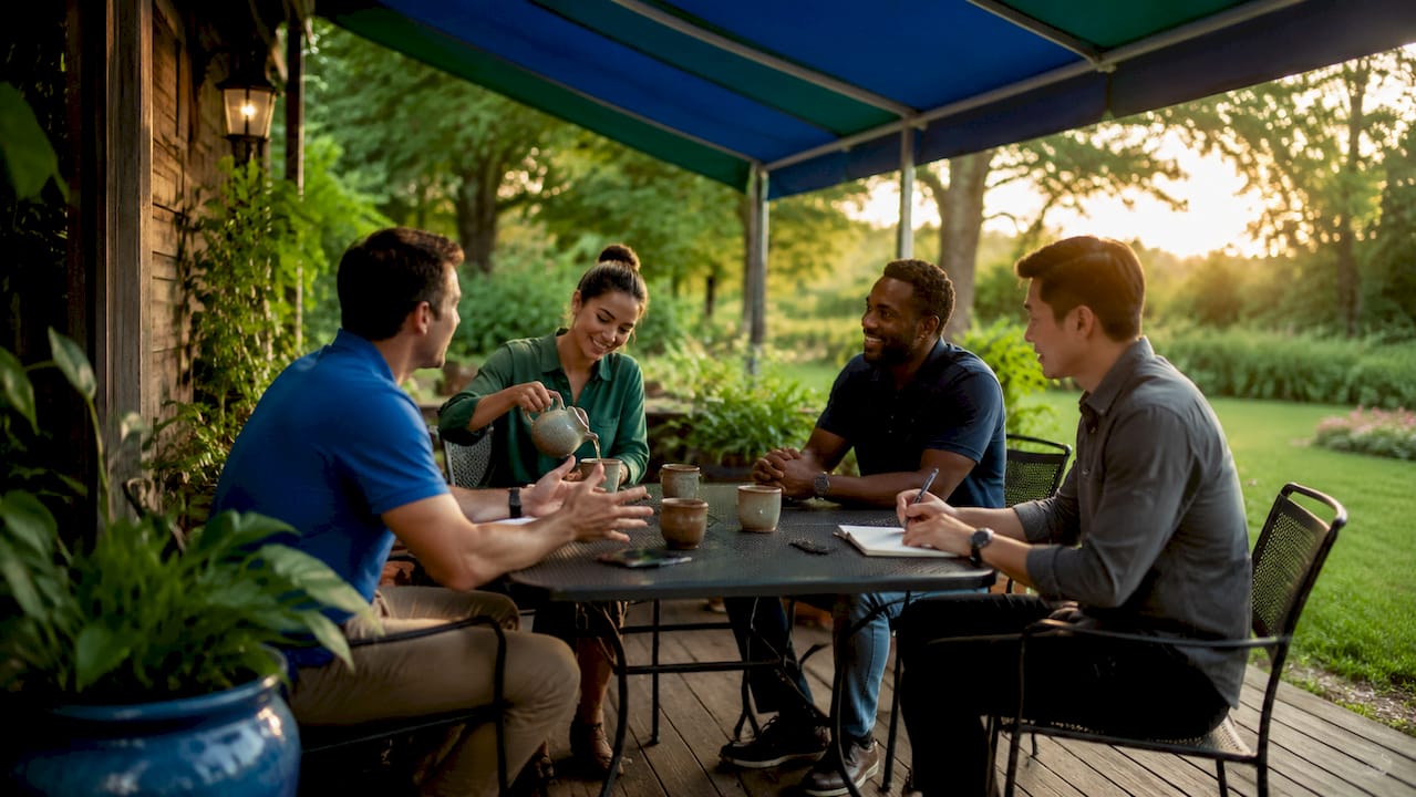 Employees collaborating in shaded outdoor area