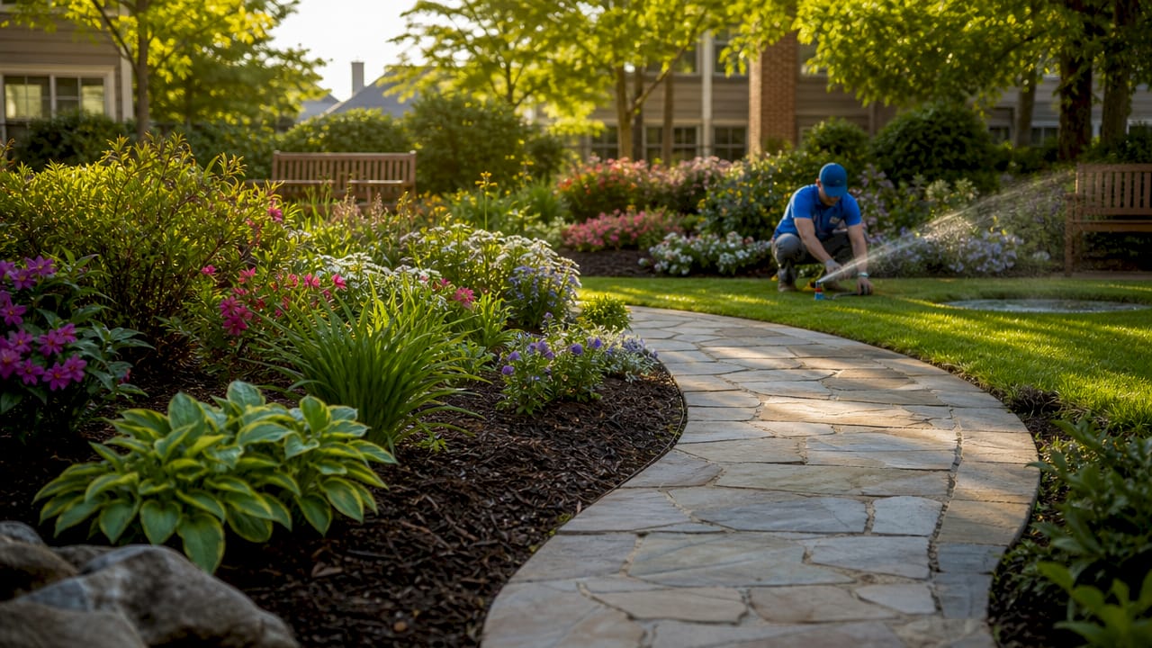 Shared landscaping elements in outdoor multi-tenant property area