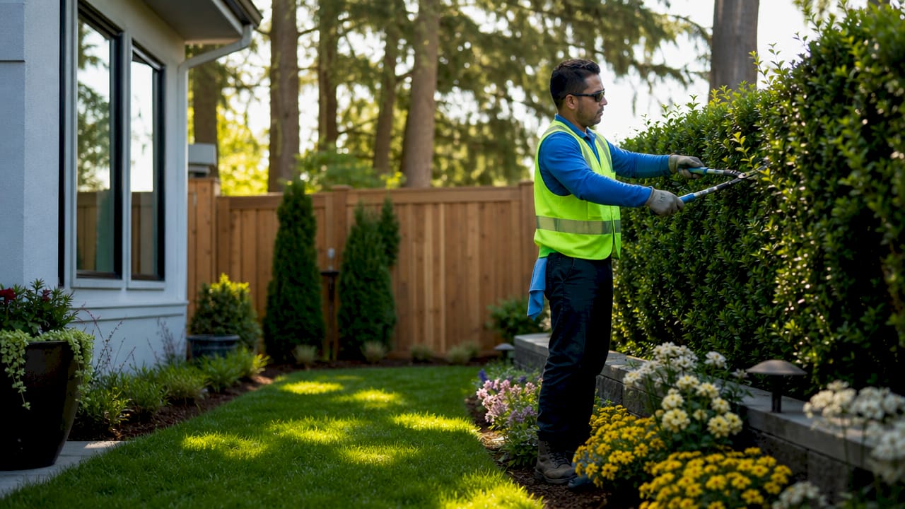 Landscaper mowing lawn at suburban home