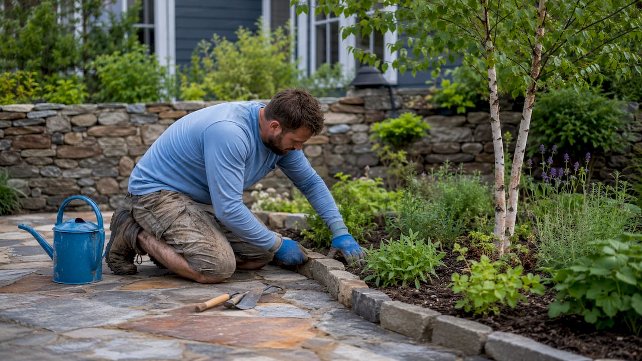 Landscaper installing edging stones on lawn in New Hampshire