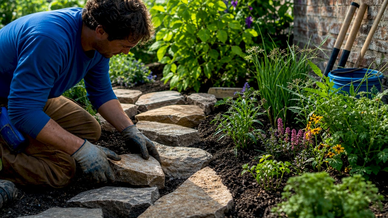 Hands assembling hardscape beside softscape plants