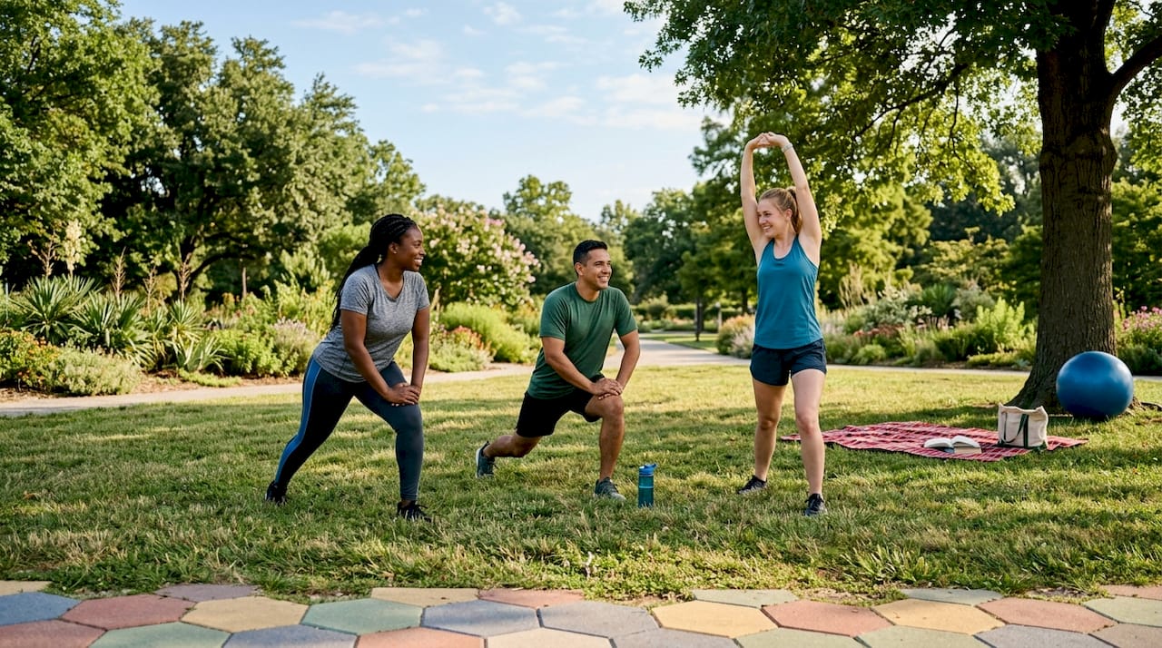 Group warming up in outdoor fitness area