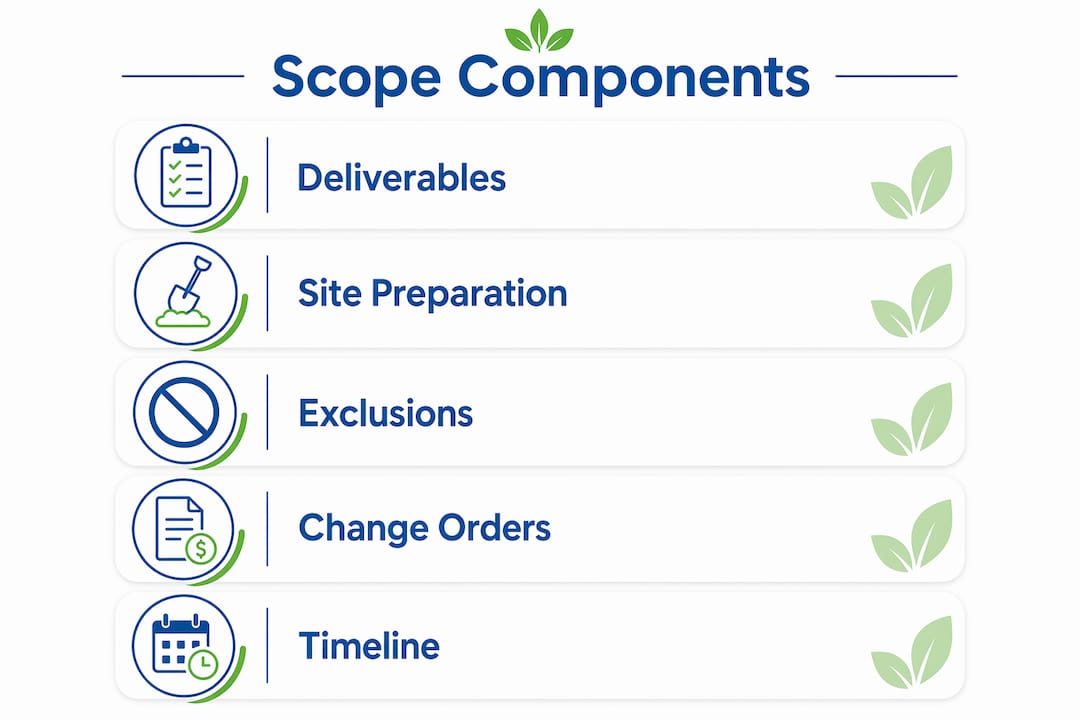 Infographic illustrating essential landscaping scope components