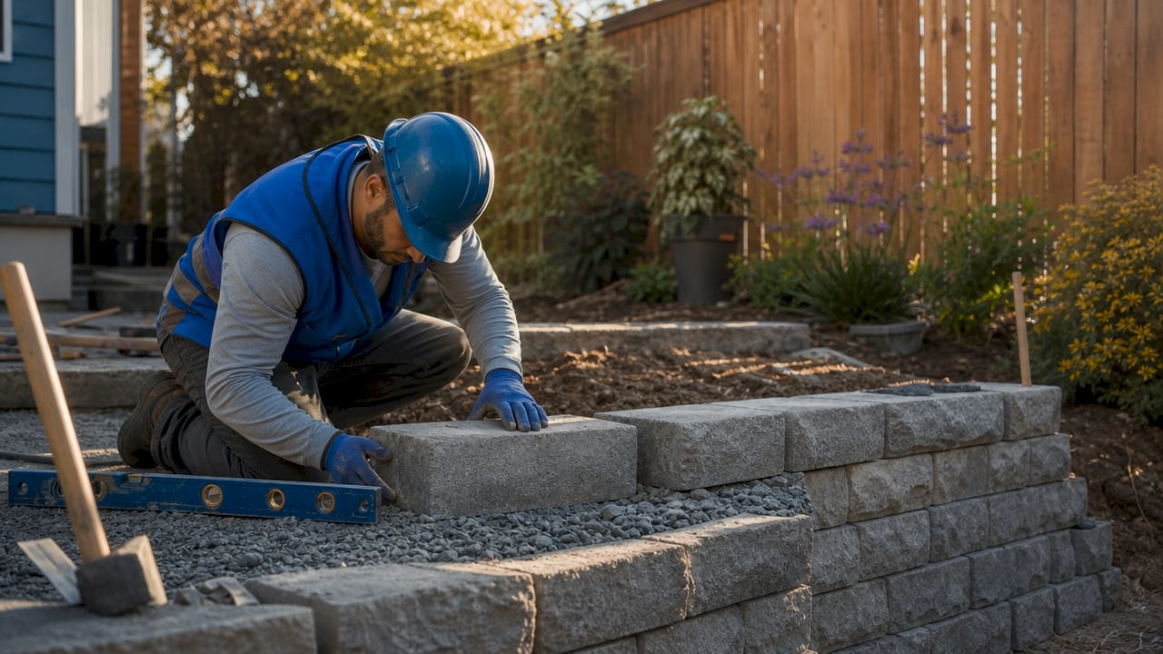 Contractor installing interlocking concrete block wall