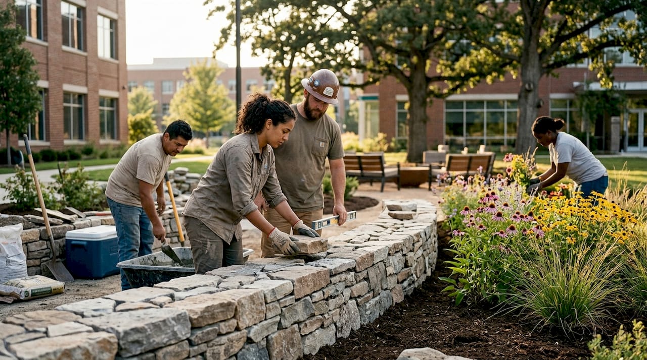 Landscape workers installing hardscape with native plants