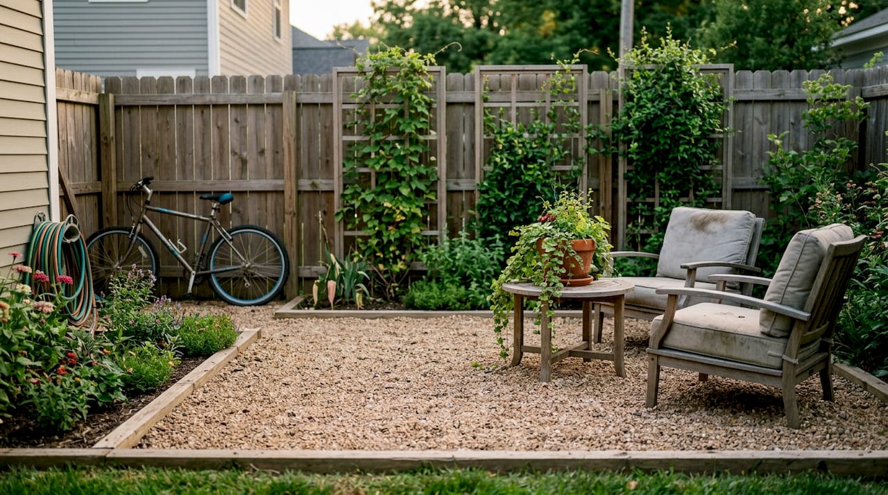 Pea gravel patio with seating and vertical plants