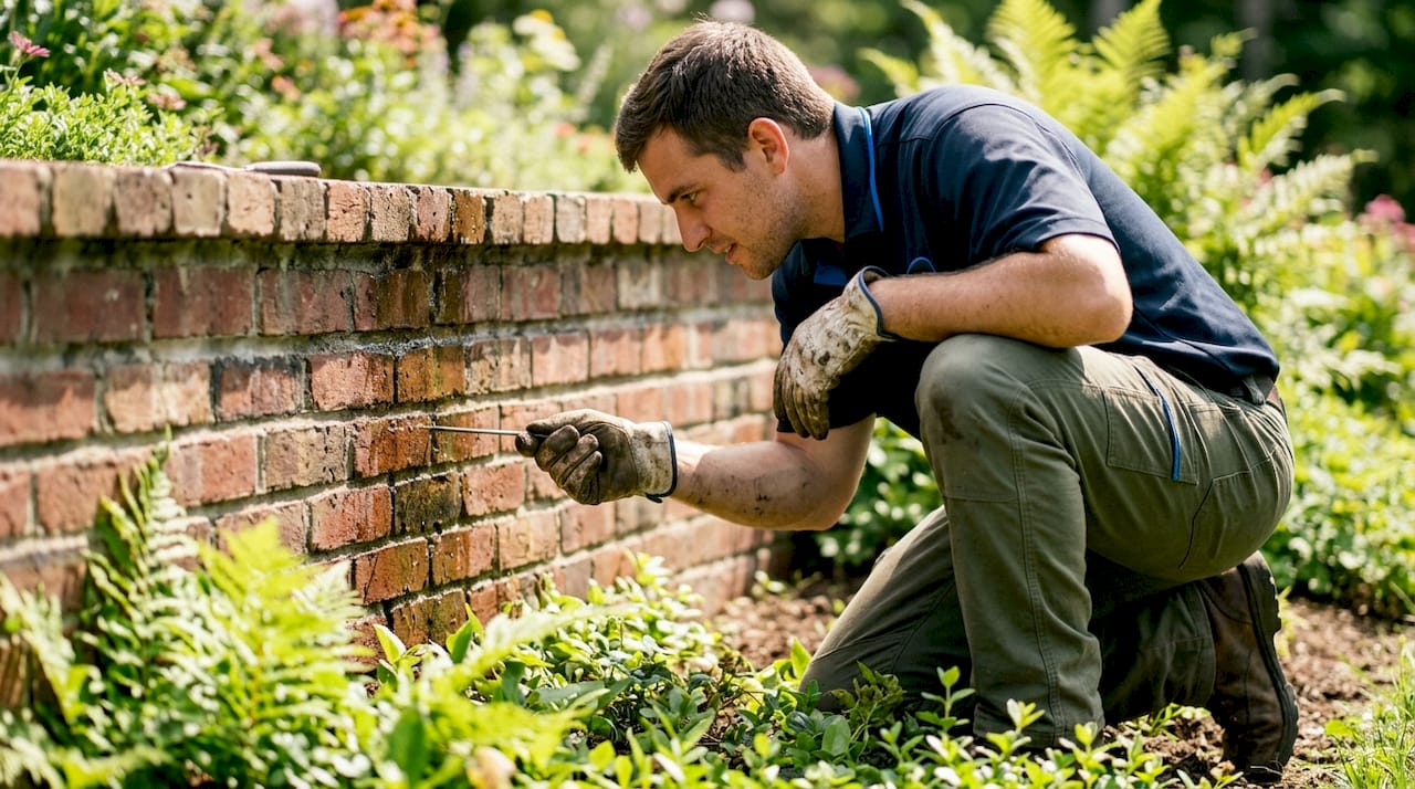 Hands clearing clogged weep holes in retaining wall