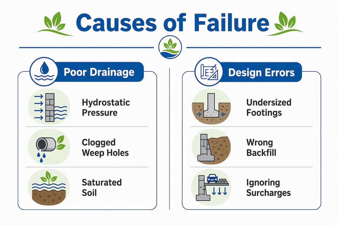 Infographic showing causes of retaining wall failure