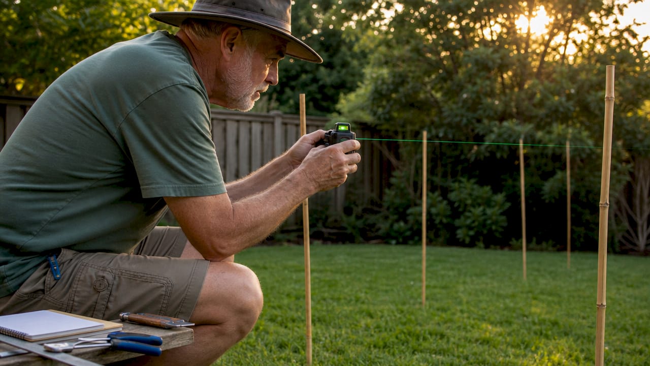 Man measuring backyard privacy sightlines with laser level