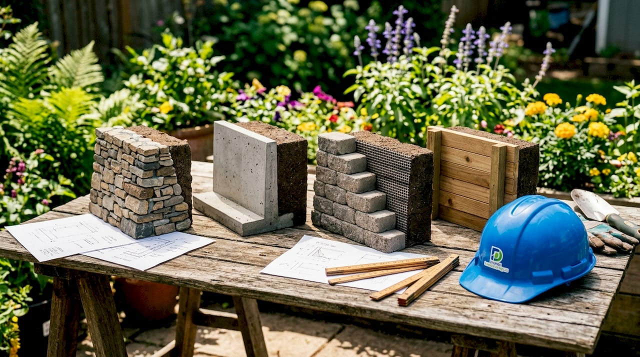 Overhead view of models showing four retaining wall types