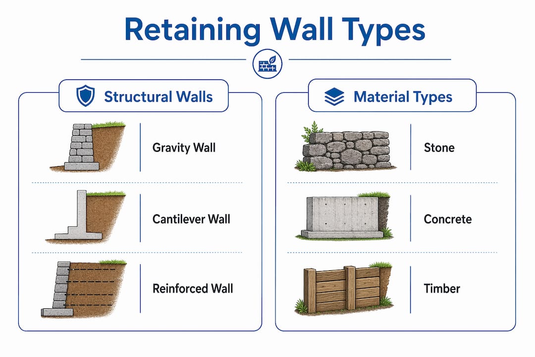Infographic comparing types and materials of retaining walls
