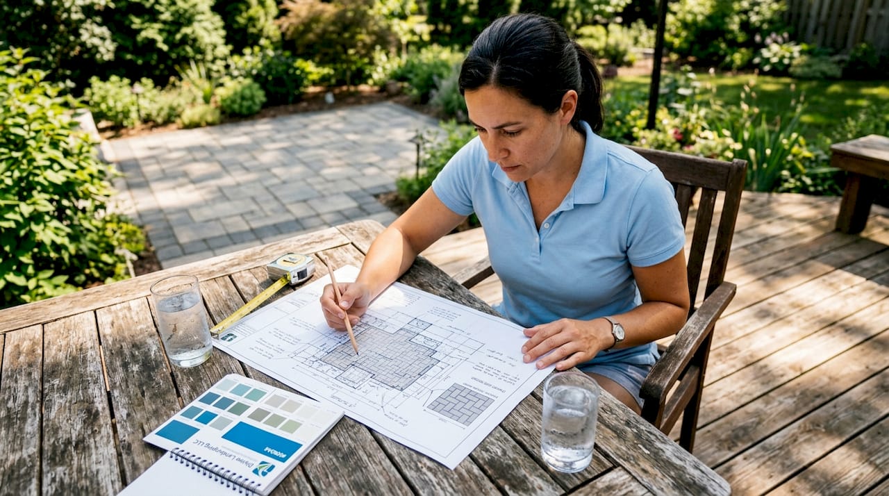 Landscape designer discussing patio layout zones