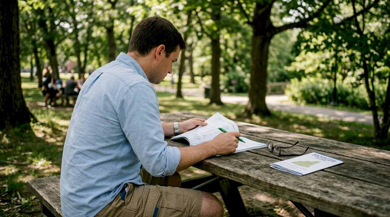 Hands holding exam booklet outdoors on bench