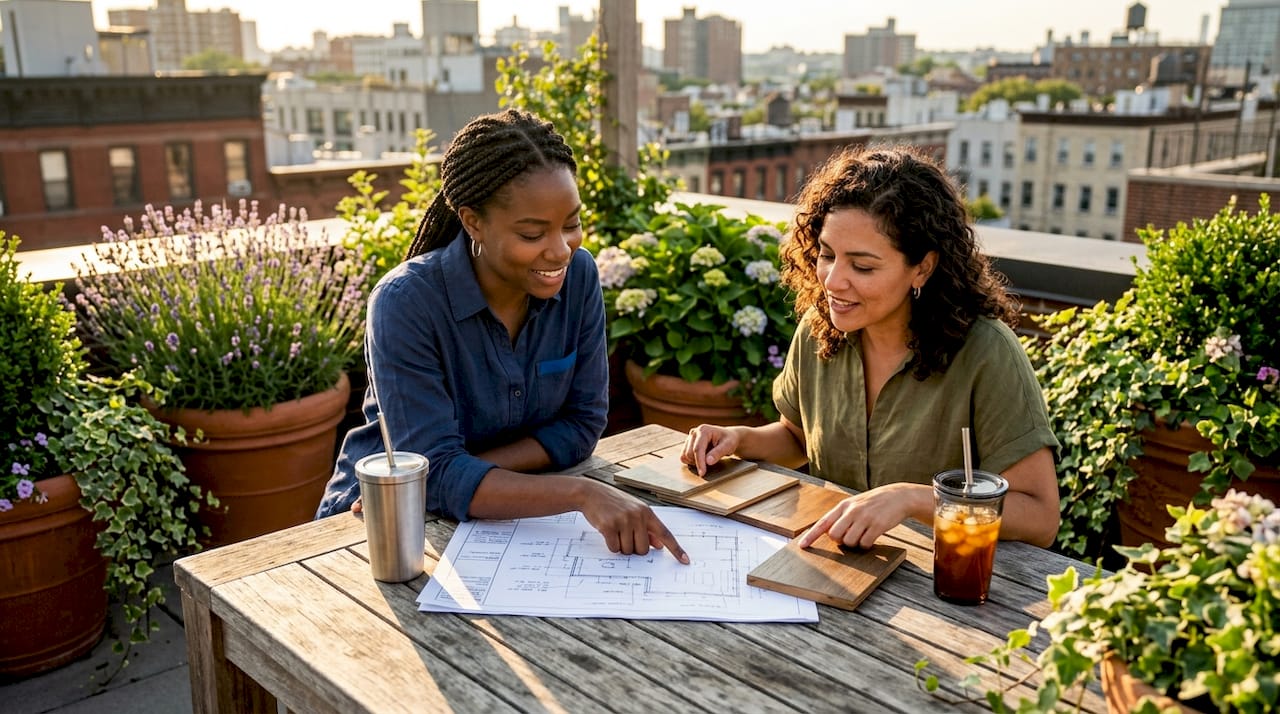 Two women discussing deck design outdoors