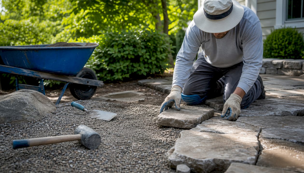 Hands placing natural stone pavers in garden path