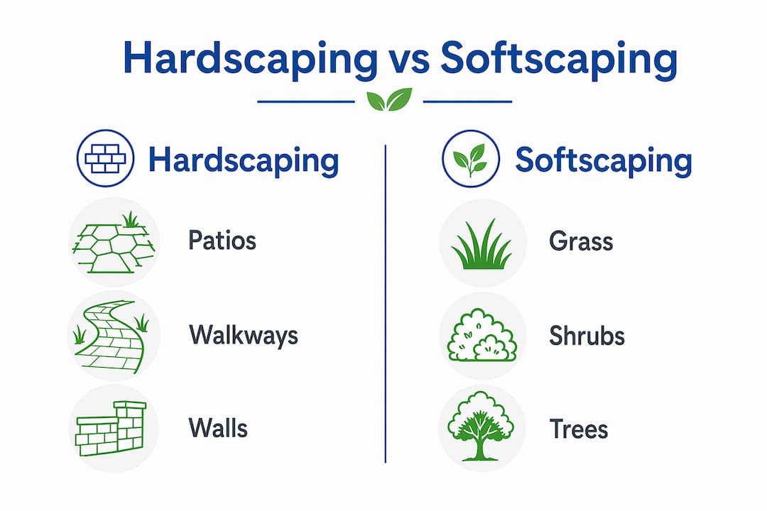 Infographic comparing hardscaping and softscaping elements