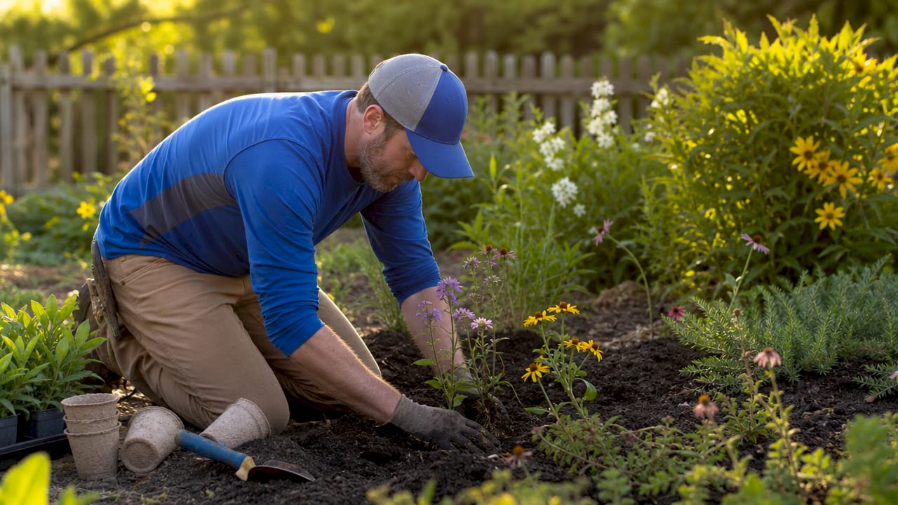 Hands planting native wildflowers in garden bed