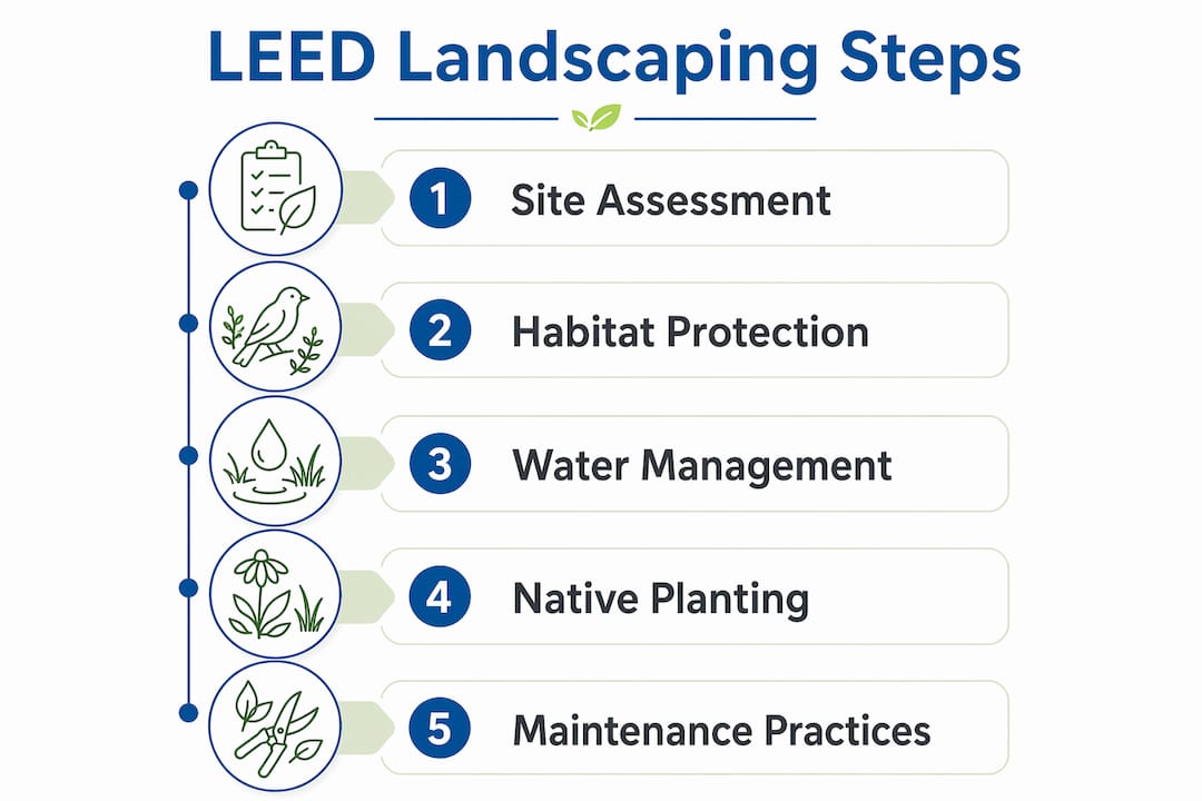 Infographic showing LEED landscaping steps and benefits