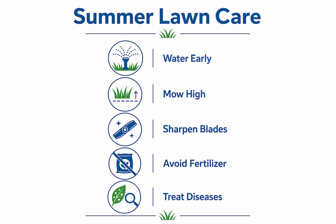 Infographic showing essential summer lawn care steps