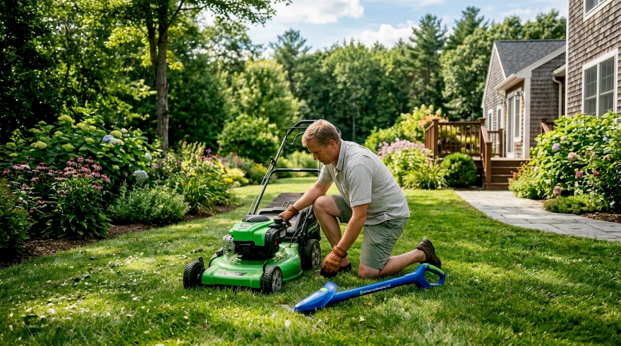 Hands adjusting lawn mower height setting