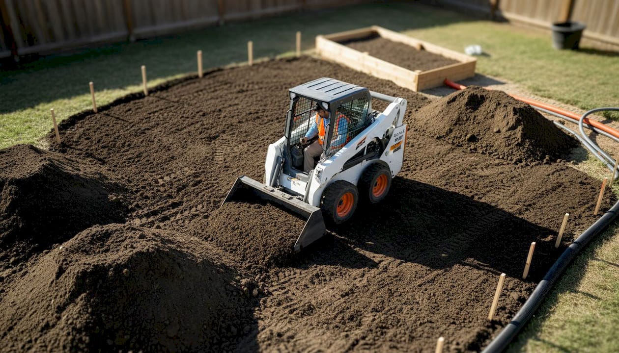 Contractor grading soil with machinery on yard