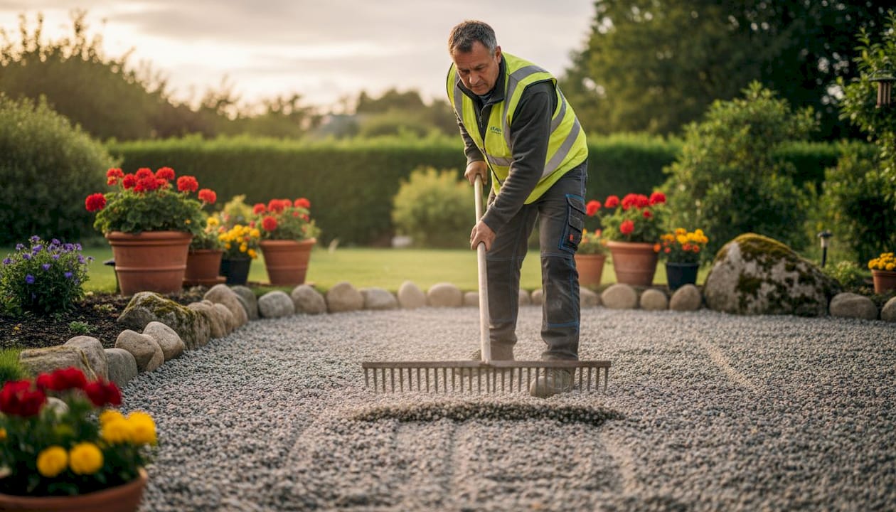 Craftsman spreading gravel on backyard patio base
