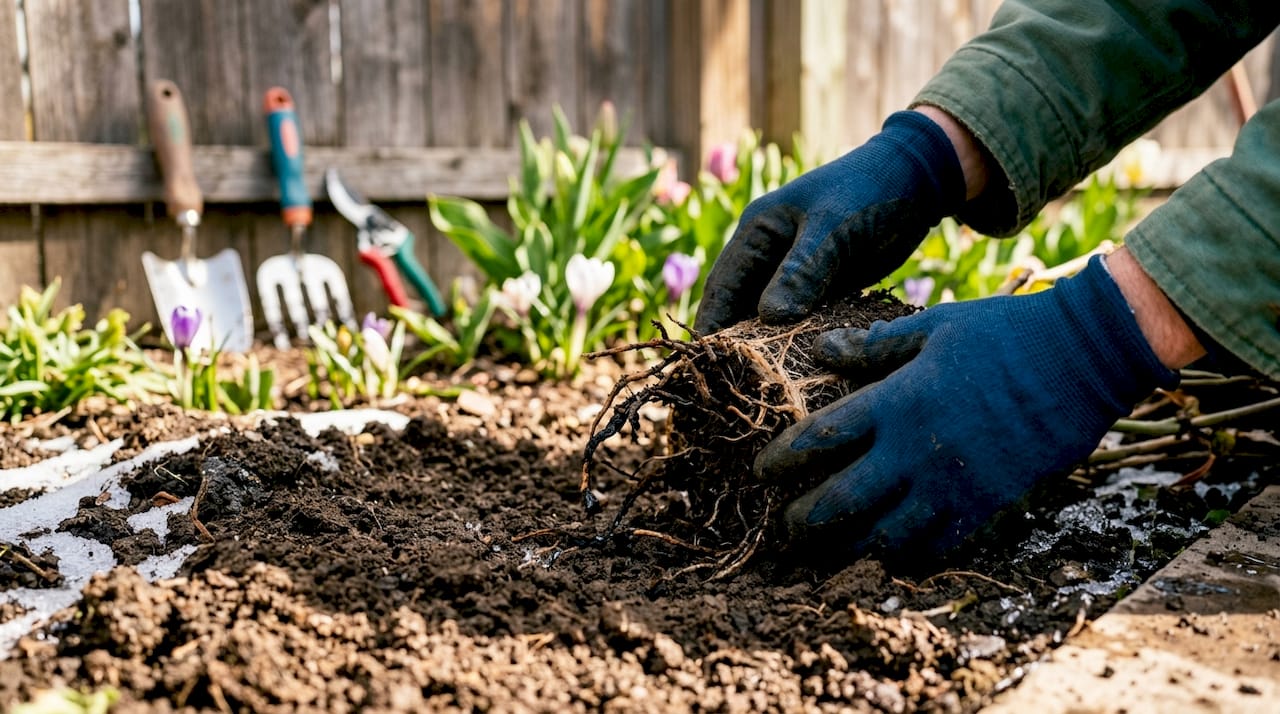 Hands holding frost-damaged plant roots outdoors