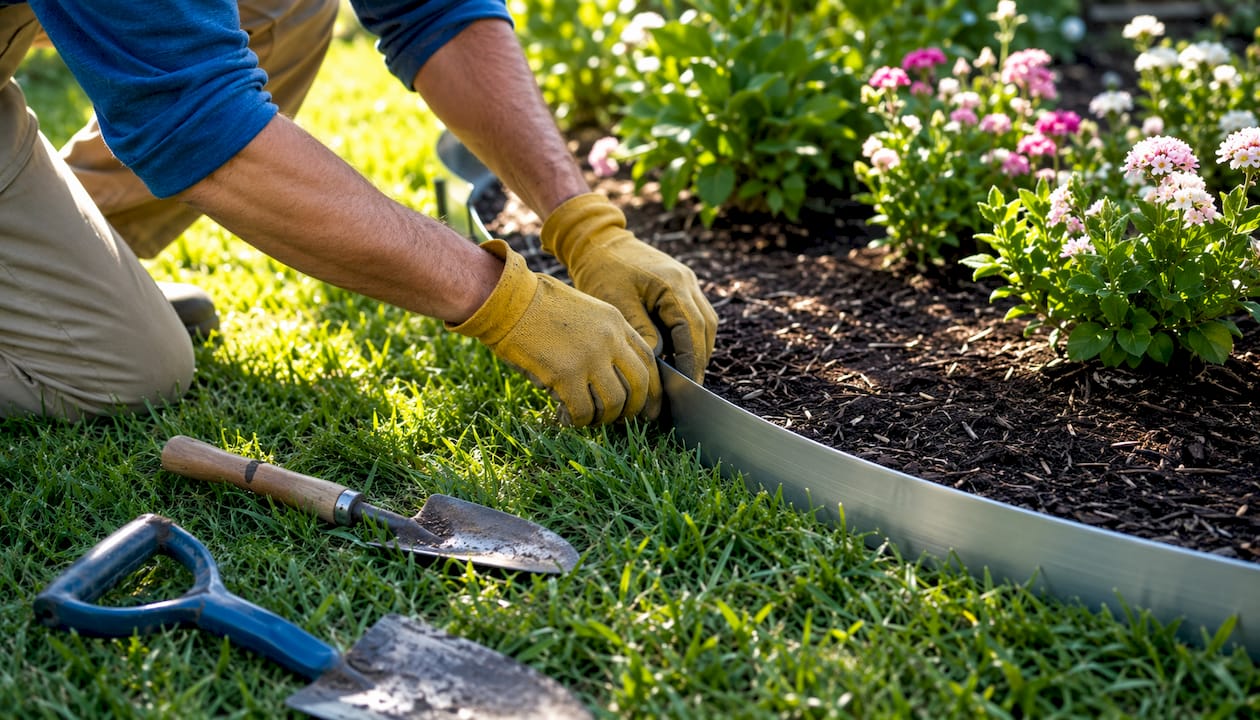 Hands bending steel landscape edging outdoors