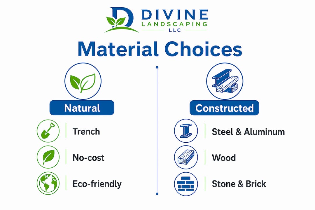 Infographic comparing natural and constructed landscape edging materials