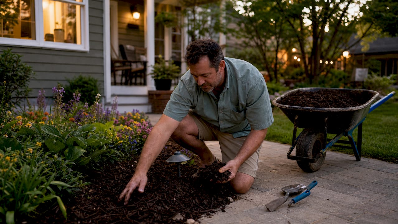 Man laying mulch in garden beds outdoors