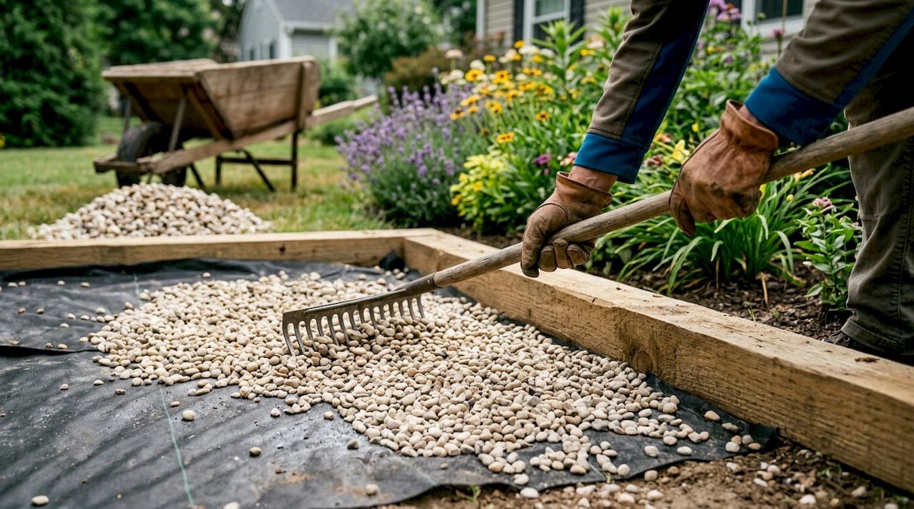Hands spreading gravel for backyard patio project