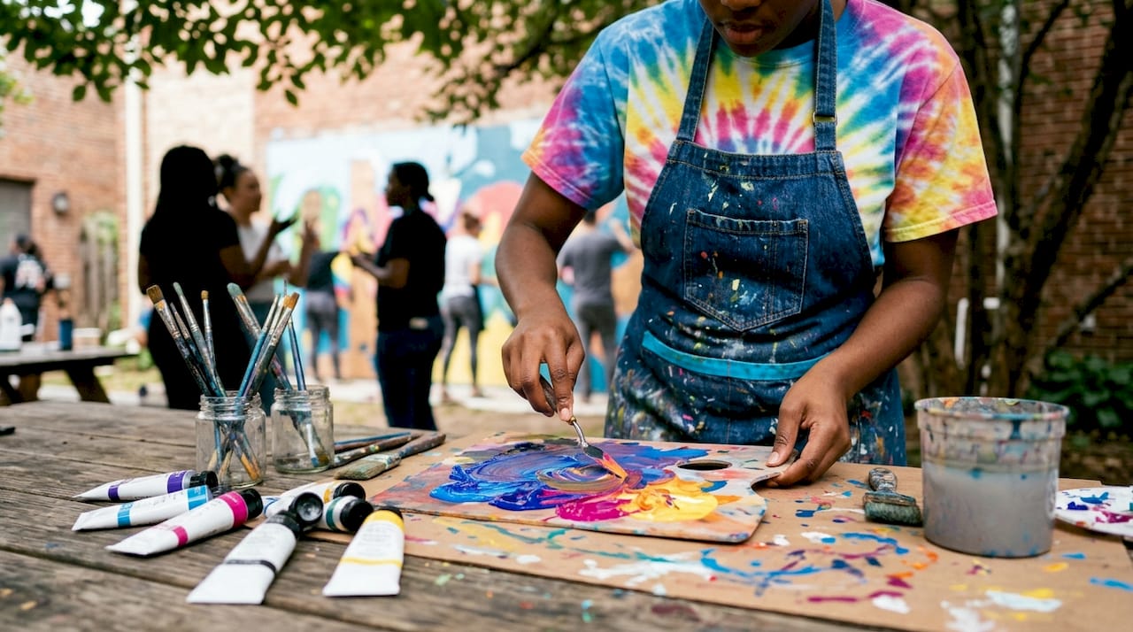 Hands mixing paint in outdoor mural workshop