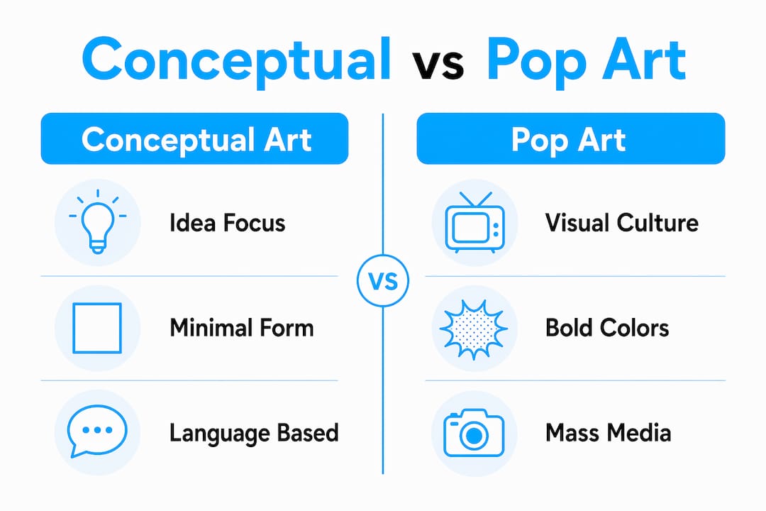 Infographic comparing conceptual art and pop art characteristics