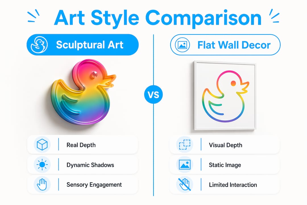 Comparison infographic of sculptural art vs flat decor
