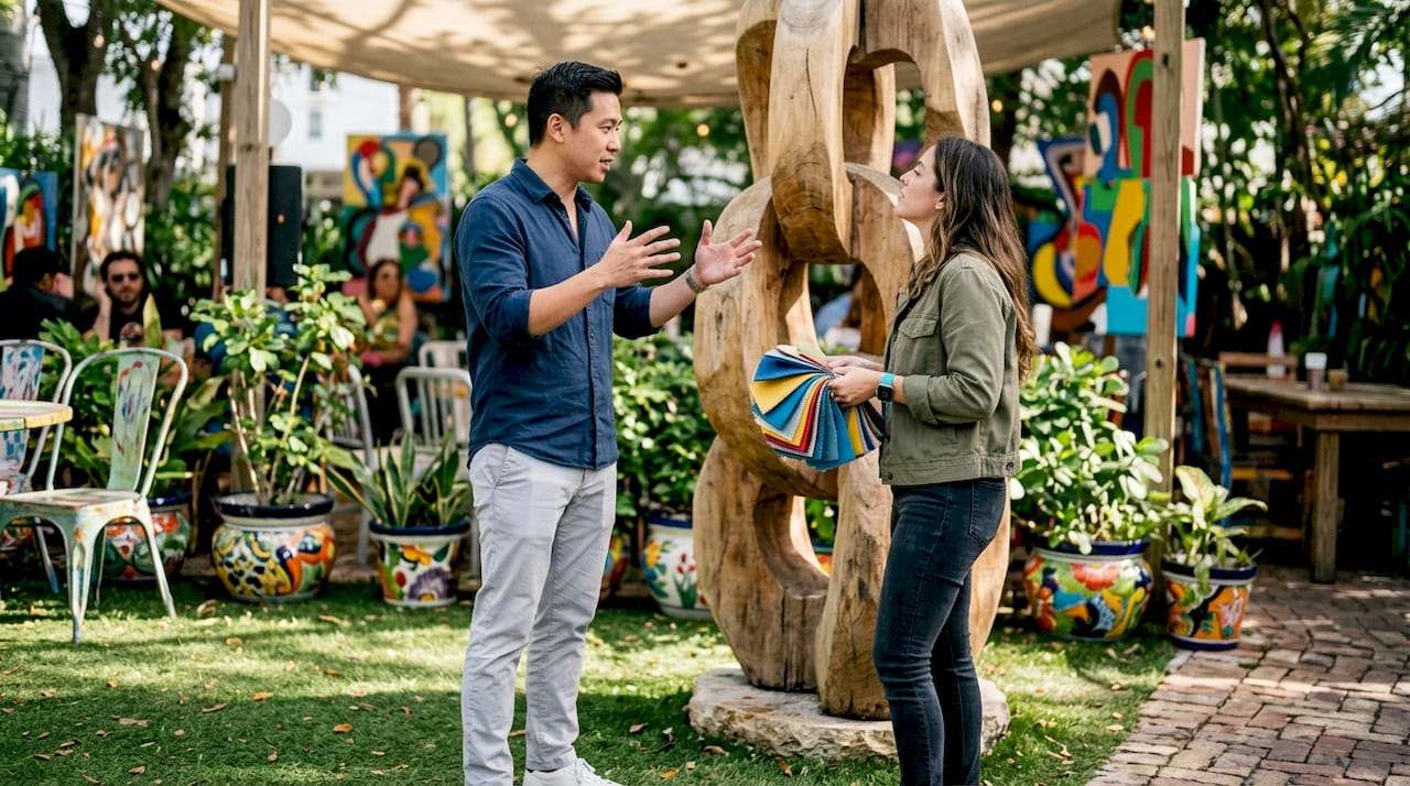 Designer consulting on sculpture size and scale