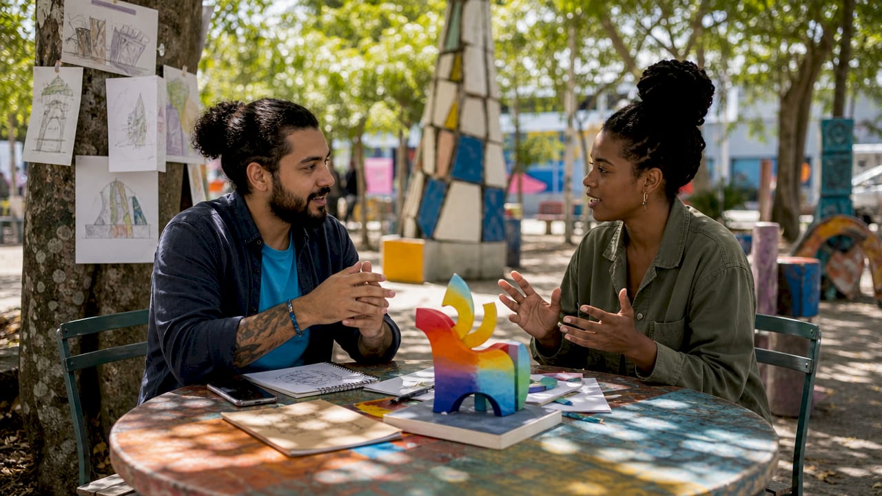 Two professionals discussing sculpture plans in studio